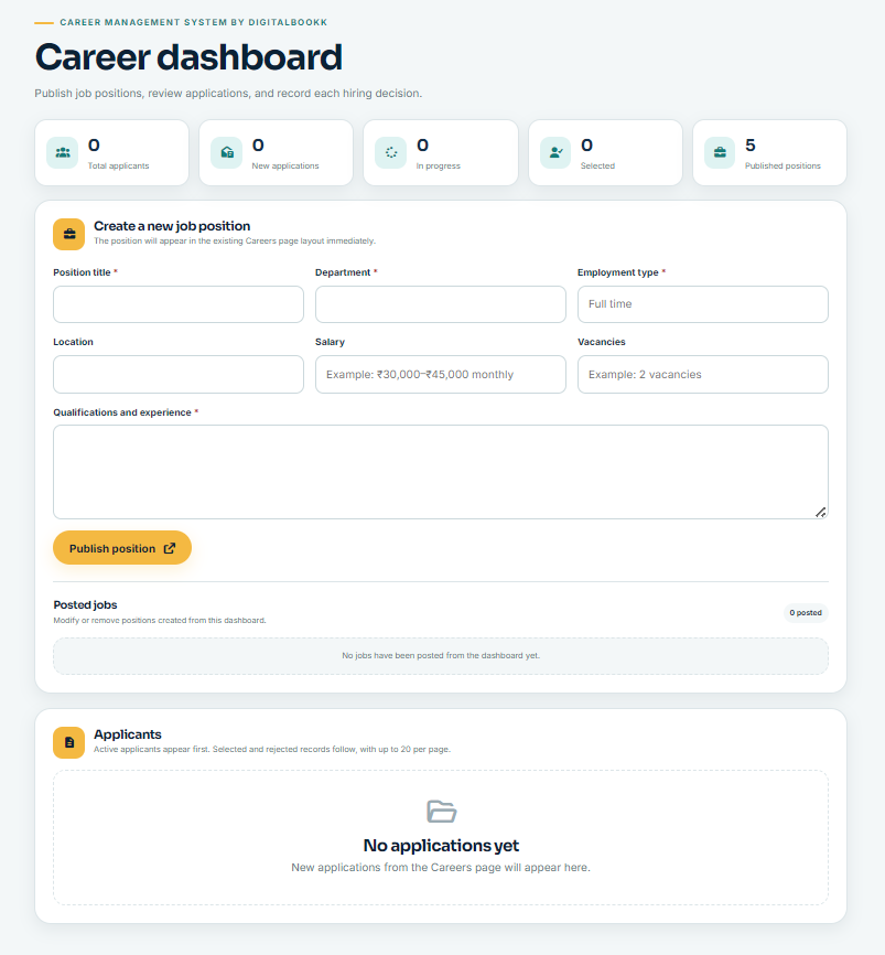 Digitalbook Technology Career dashboard showing job statistics, the new position form, posted jobs, and applicants