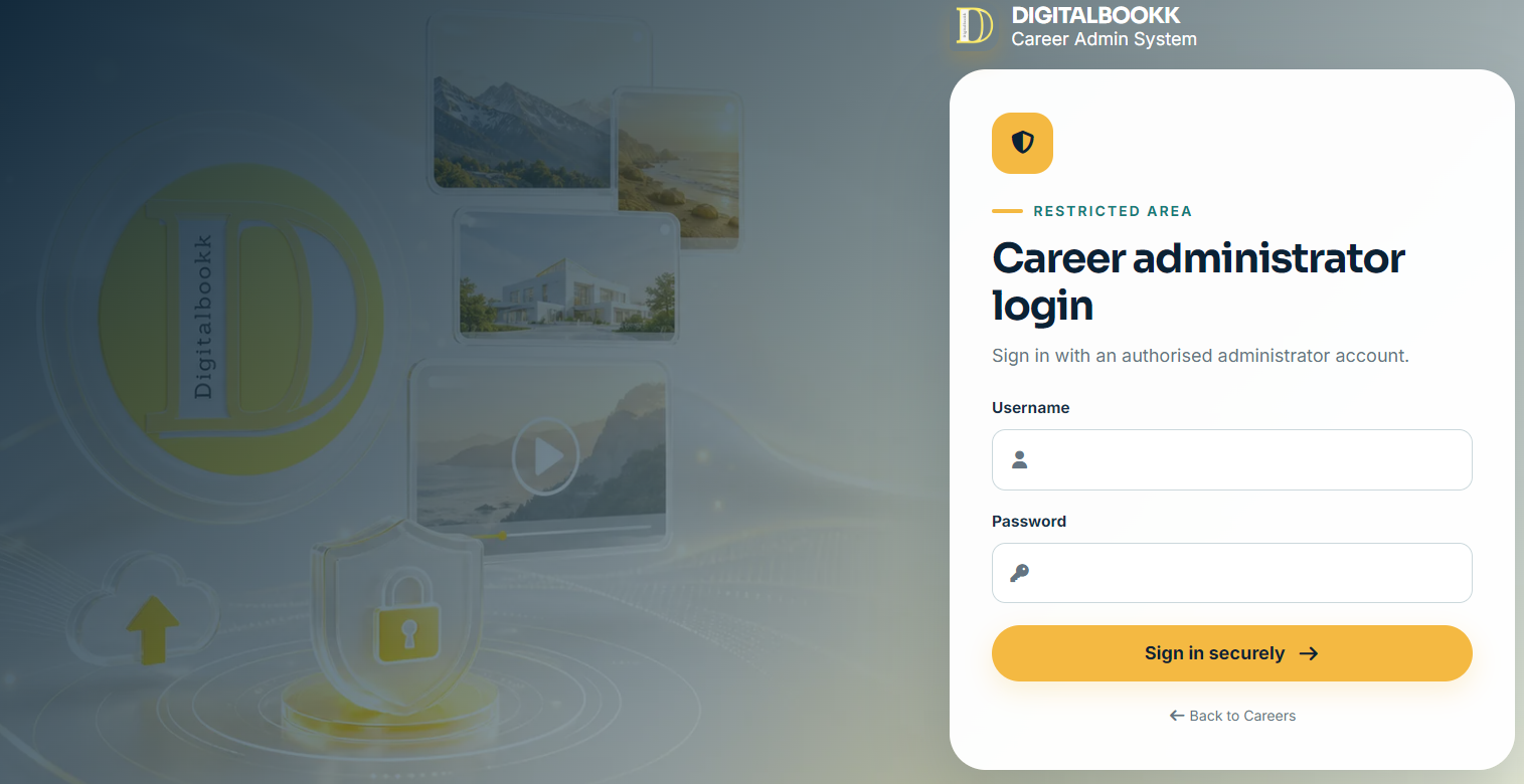 Digitalbook Technology Career administrator login page with username and password fields